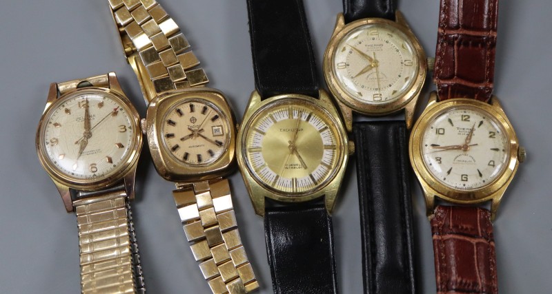 Five assorted gentlemans steel and gold plated wrist watches, including Therno and Excalibur.